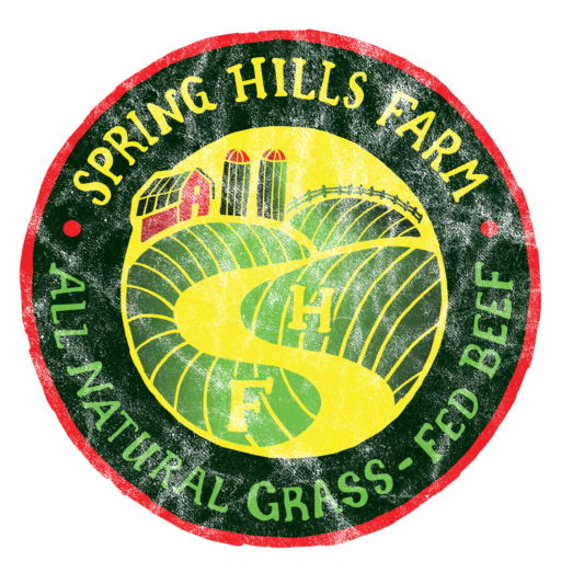 Logo of Spring Hills Farm featuring a pastoral scene with rolling hills, a barn, and silos. The design emphasizes the farm's commitment to all-natural grass-fed beef, with vibrant colors and a circular layout.